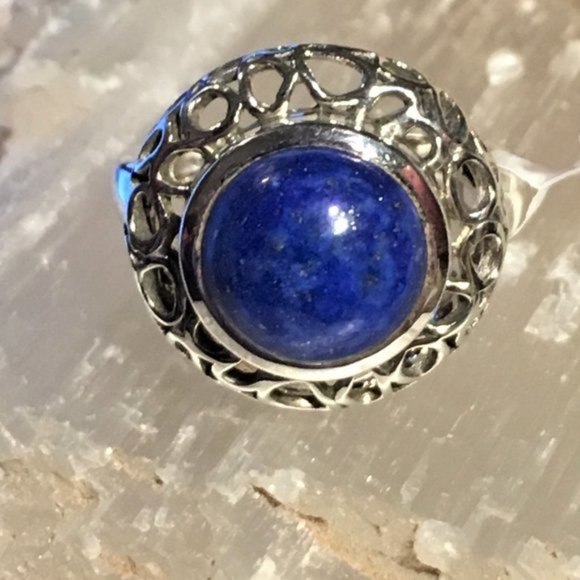 Genuine Lapis Lazuli Round .925 Ring Ornate Silver size 6.5 - Picture 10 of 13